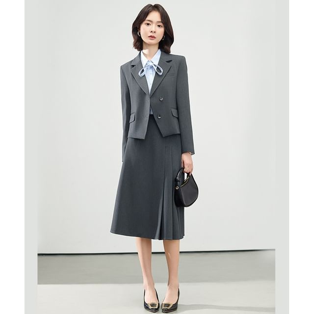 Double-Breasted Blazer & Pleated Asymmetrical A-Line Skirt Set