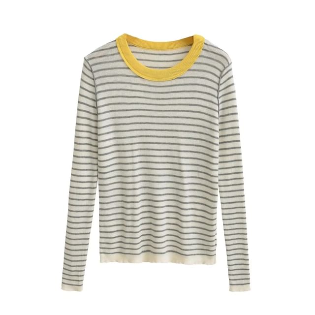 Slim-Fit Striped Knit Top with Long Sleeves