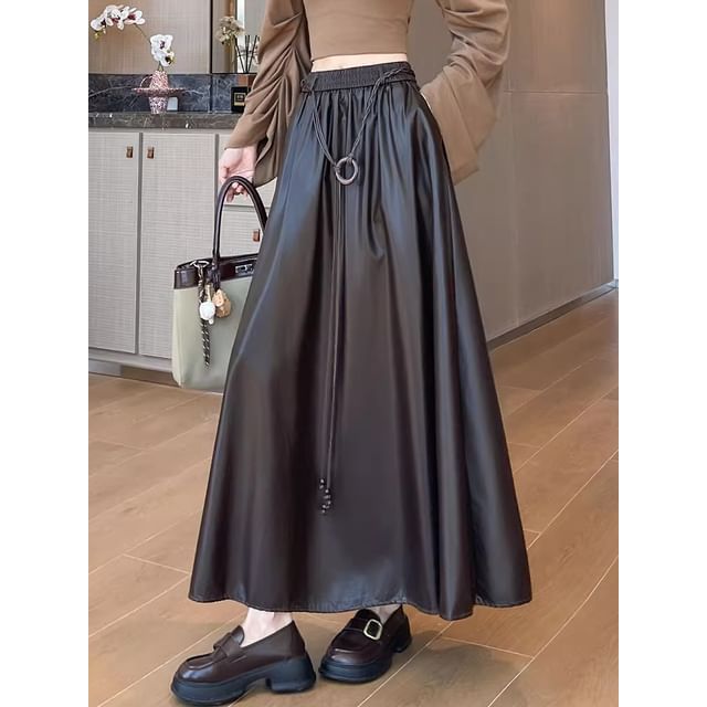 Faux Leather Midi A-Line Skirt with High Waist