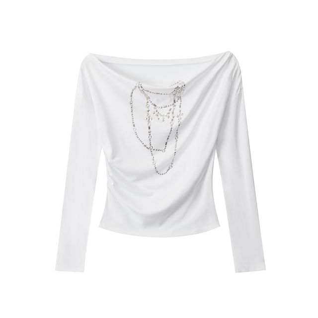 Studded Off-the-Shoulder Tee with Long Sleeves