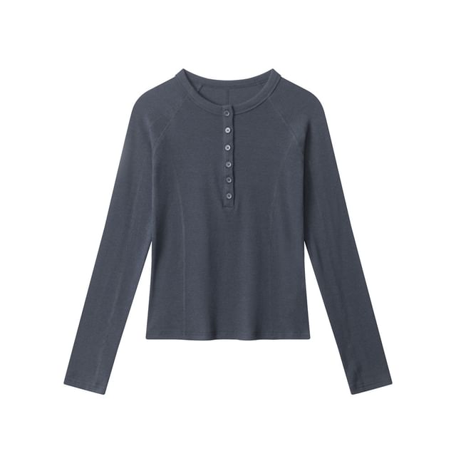 Round-Neck Henley Tee with Long Sleeves