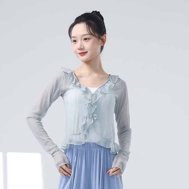 Sheer Ruffled Crop Tee with V-Neckline and Long Sleeves