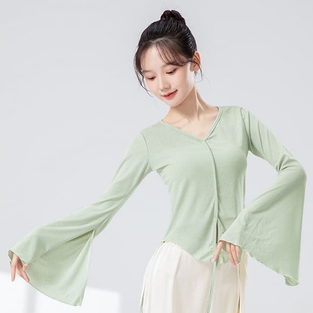 Solid Flared-Sleeve Top with V-Shaped Neckline