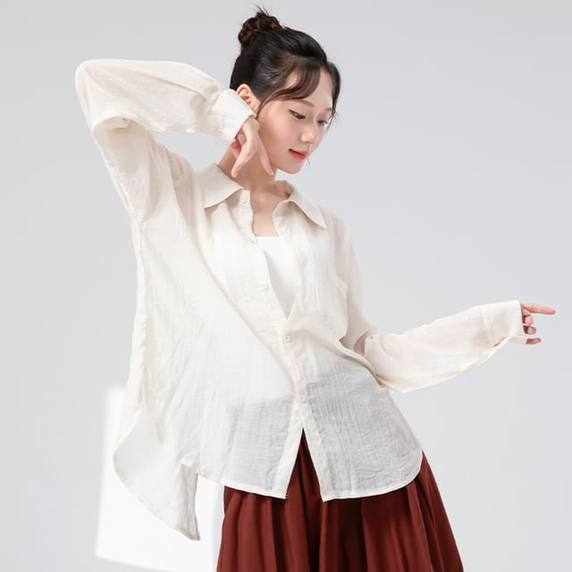 Sheer Solid Button-Down Shirt with Extended Sleeves