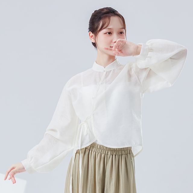 Solid Cropped Tee with Stand Collar and Extended Sleeves