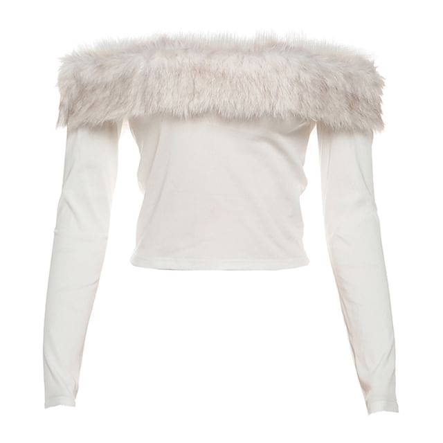 Off Shoulder Faux Fur Panel Long Sleeve Top