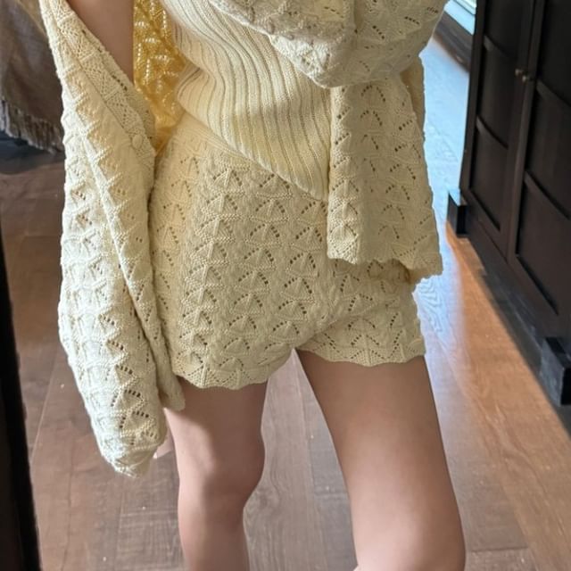 Ribbed Knit Halter Top Pointelle Cardigan Shorts Set