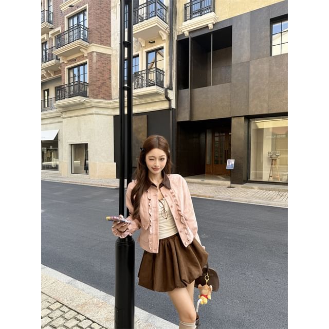 Contrast Collar Ruffle Faux Suede Jacket + Bubble Hem Mini Skirt