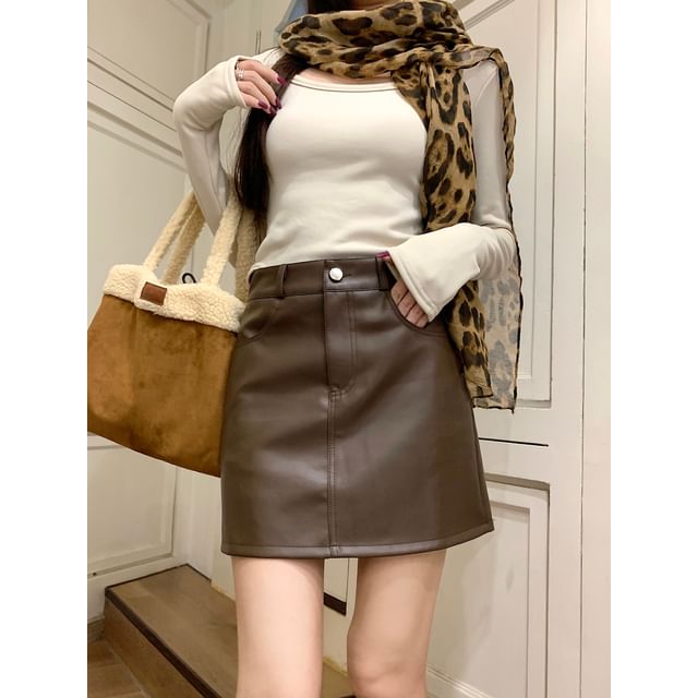 Faux Leather Mini Straight Skirt - High Waist