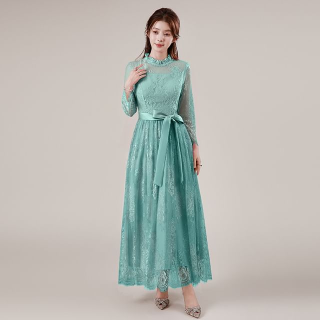 Long Sleeve Mock Neck Plain Frill Tie-Waist Lace A-Line Evening Dress