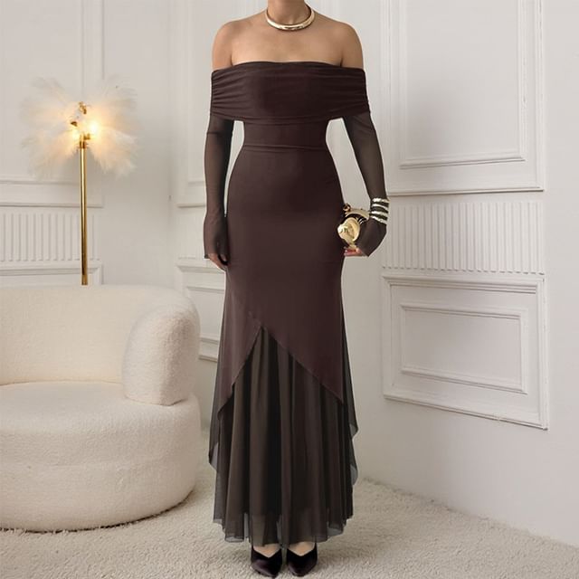 Long Sleeve Off Shoulder Plain Panel Mesh Trumpet Evening Dress