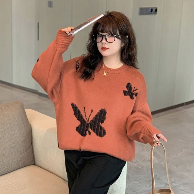 Plus Size Crew Neck Butterfly Jacquard Distressed Sweater