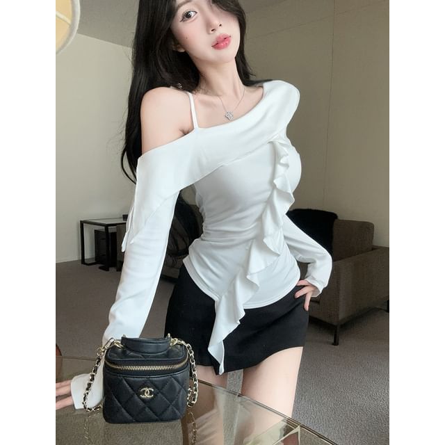 Off Shoulder Ruffle Trim T-Shirt with Long Sleeves