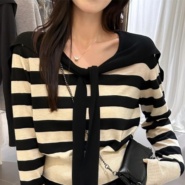 Sailor-Collar Tie-Front Cropped Knit Long-Sleeve Sweater