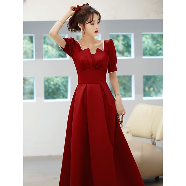 Short Puff Sleeve Square Neck Plain Faux Pearl Trim Midi A-Line Cocktail Dress / Evening Dress