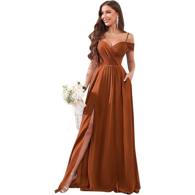Spaghetti Strap Cold Shoulder Sweetheart Neck Plain Ruched Slit Maxi A-Line Bridesmaid Dress