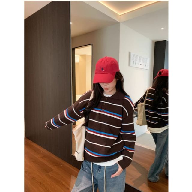 Striped Half-Button Loose-Fit Long-Sleeve Knit Sweater