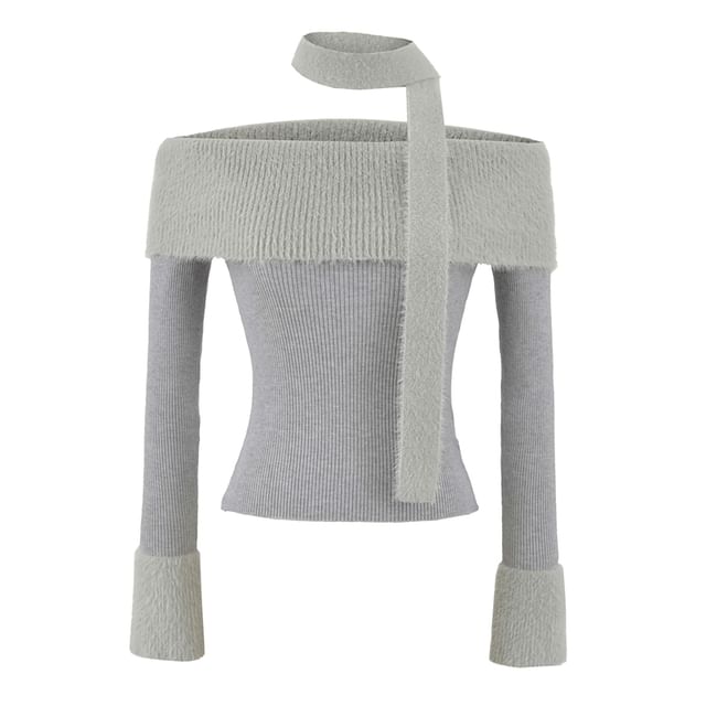 Crop Knit Top with Off-Shoulder Neckline and Long Sleeves