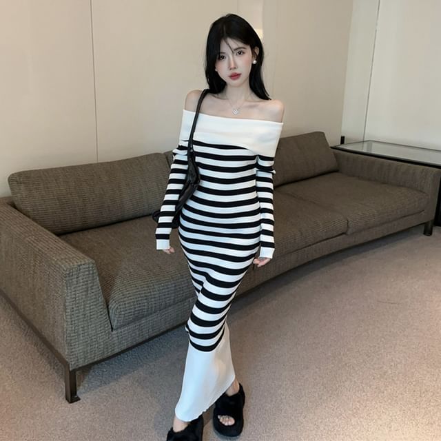 Long Sleeve Off Shoulder Striped Maxi Bodycon Dress