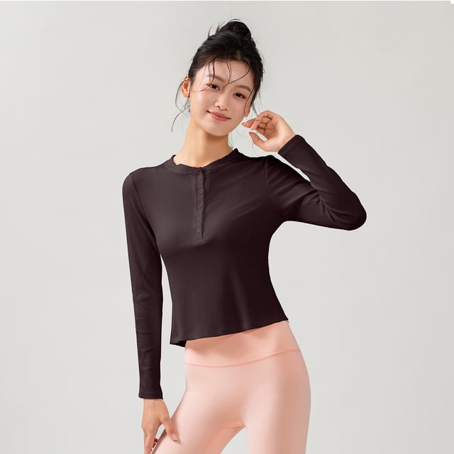 Half-Buttoned Solid Long-Sleeve Top