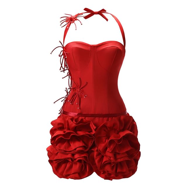 Halter Neck Plain Ruffle Trim Party Dress