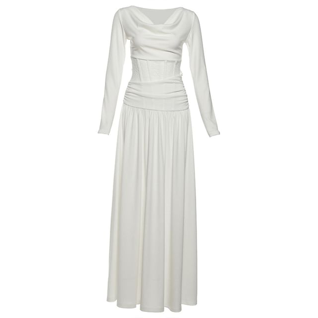 Long-Sleeve Cowl Neck Lace Panel Maxi A-Line Corset Dress