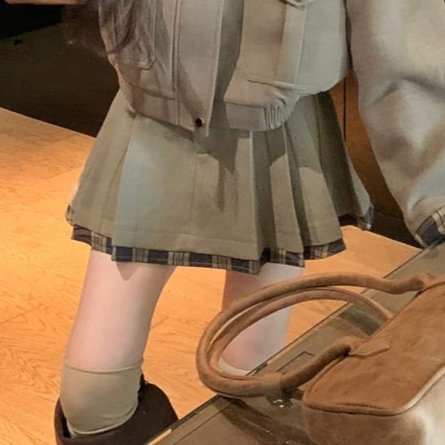 Plaid Panel Detail Zip Jacket & Pleated Mini Skirt Set