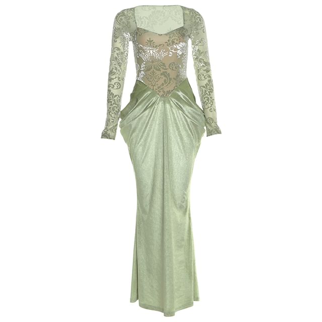 Long-Sleeve Jacquard Ruched Maxi Sheath Dress