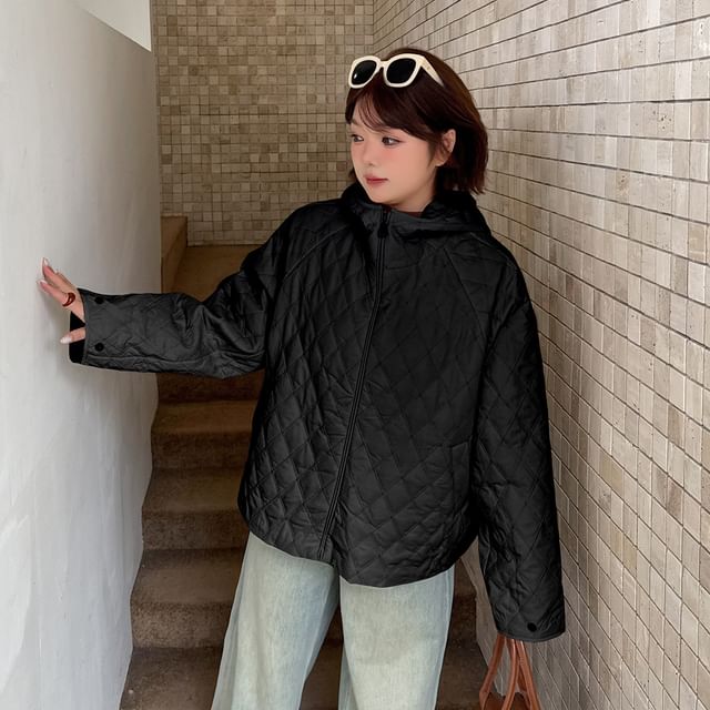 Stand Collar Plain Hooded Quilted Zip Jacket