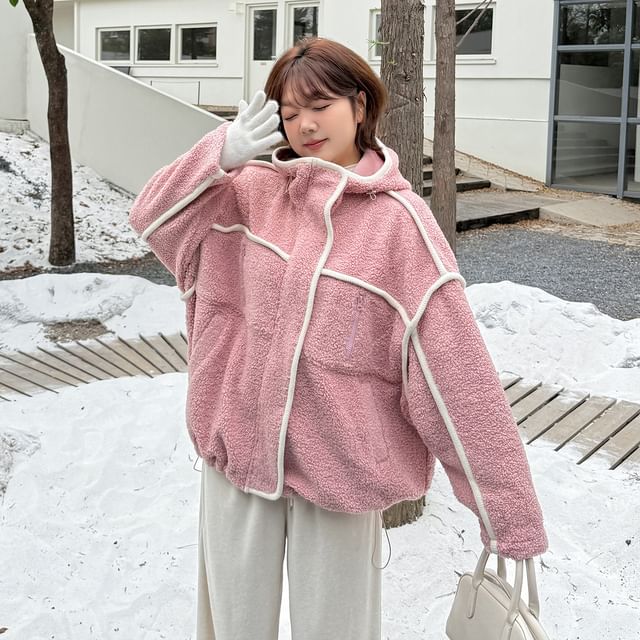 Contrast Trim Hooded Fleece Zip Jacket
