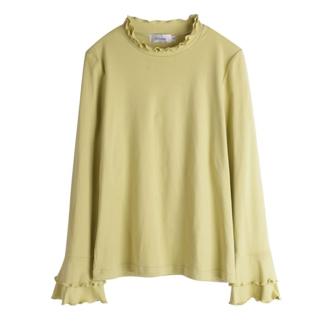 Long-Sleeve Crew Neck Plain Lettuce Edge T-Shirt