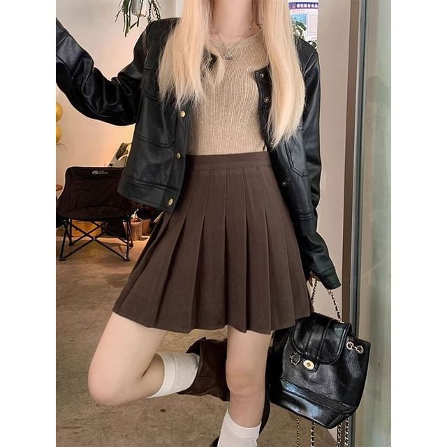 Pleated Mini Skirt - High Waist Plain