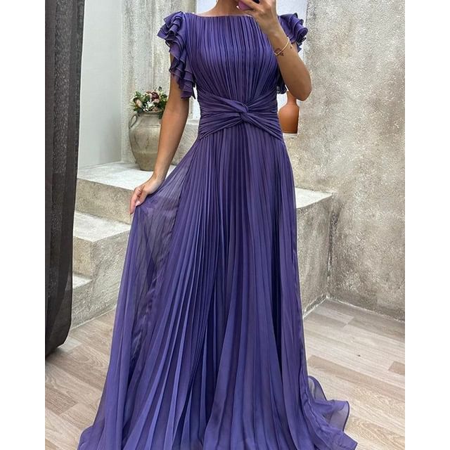 Flutter Sleeve Boat Neck Plain Pleated A-Line Evening Gown