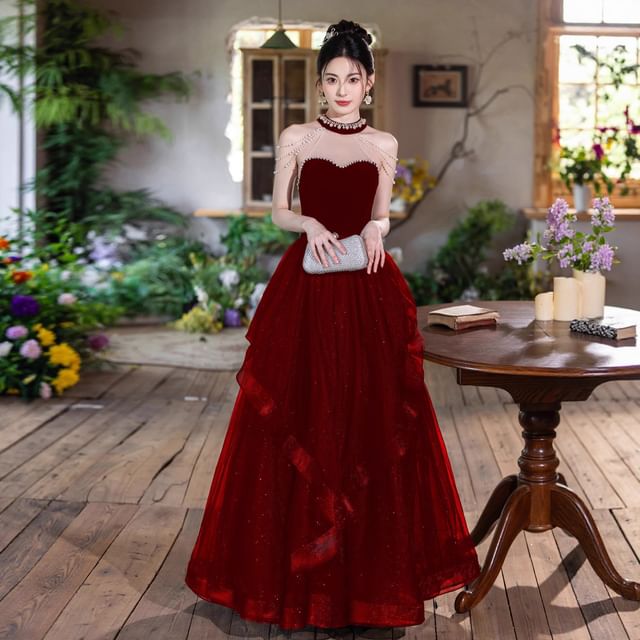 Sleeveless Velvet A-Line Evening Gown