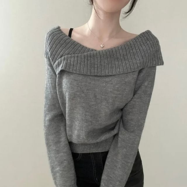 Ribbed Off-Shoulder Sweater with Solid Finish