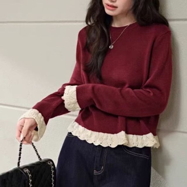 Lace-Trim Round Neck Knit Sweater