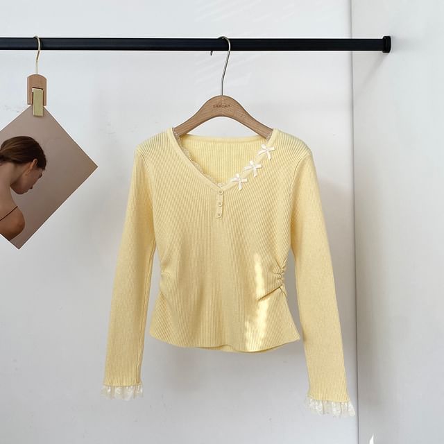 Ribbed V-Neck Knit Top with Long Sleeves