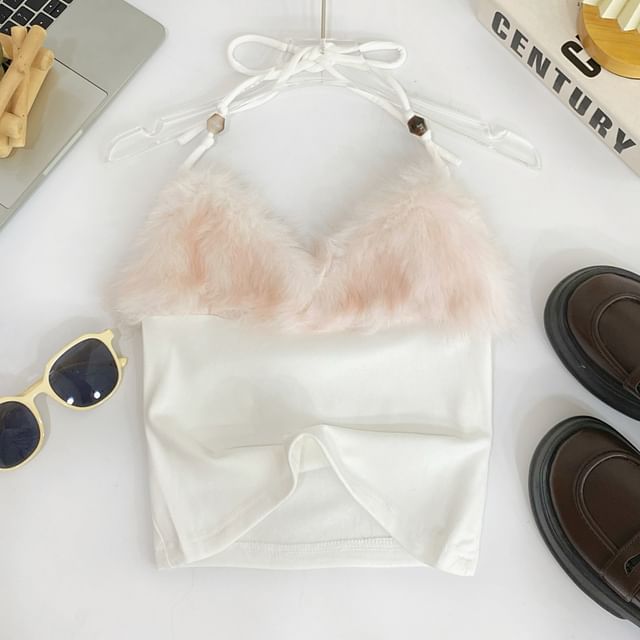 Open-Back Halter Crop with Soft Fluffy Accents