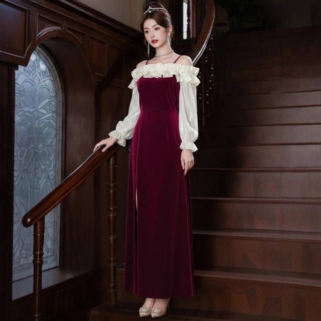 Long Sleeve Cold Shoulder Two Tone Ruffle Slit Panel Velvet A-Line Evening Dress