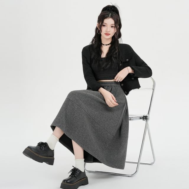 Elastic Waist Plain Midi A-Line Skirt