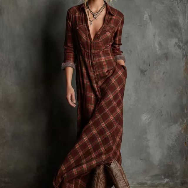 Long Sleeve Collared Plaid Maxi A-Line Shirt Dress