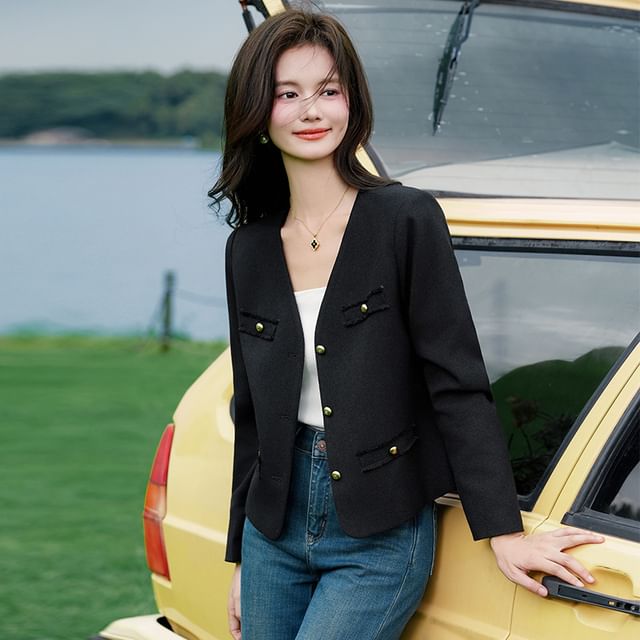 Frayed Jacket and Tie-Neck Blouse Matching Set