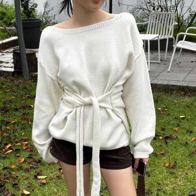 Asymmetric One-Shoulder Knit Sweater with Waist Tie