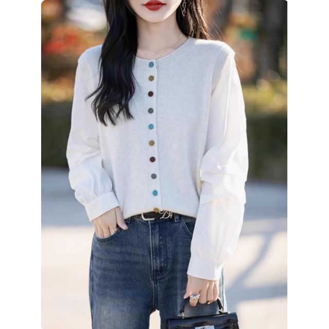 Round Neck Mock Two Piece Button Up Cardigan