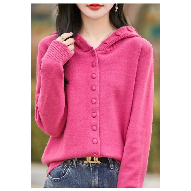 Hooded Plain Button Up Cardigan