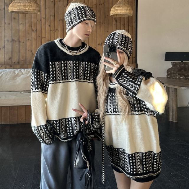Couple Matching Round Neck Jacquard Sweater / Beanie / Scarf / Set