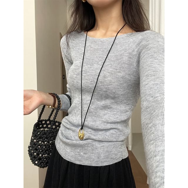 Ribbed Boat-Neck Long-Sleeve Knit Top