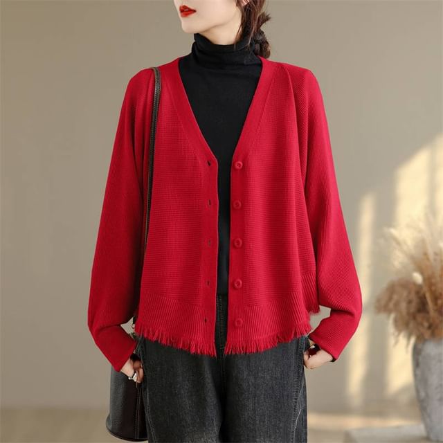 Batwing-Sleeve V-Neck Fringed Button-Up Plain Cardigan