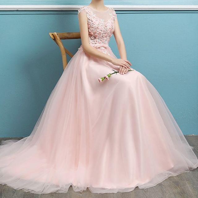 Short-Sleeve Sequin A-Line Evening Gown