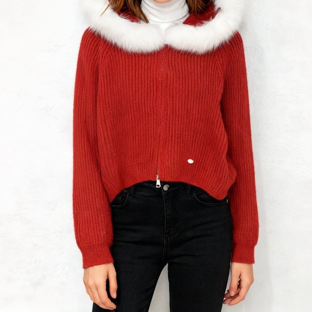 Fluffy Trim Hood Ribbed Zip Cardigan